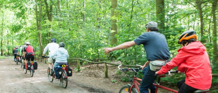 Mensen op tandems in het bos